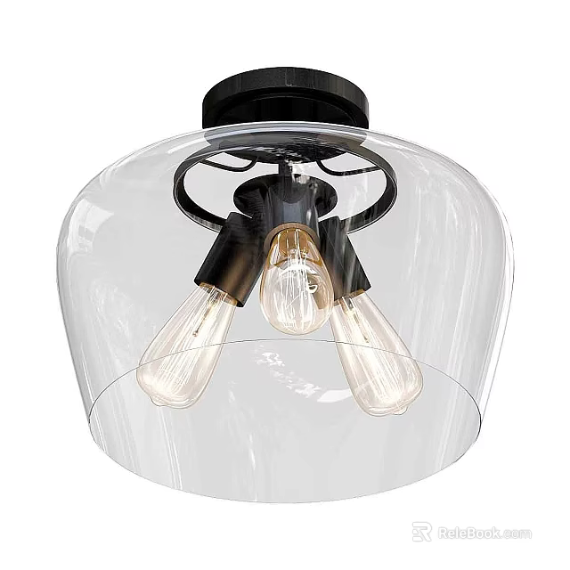 Vintage Style Ceiling Light With Black Base Transparent Glass Shade And Three Bulbs 3d model 