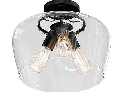 Vintage Style Ceiling Light With Black Base Transparent Glass Shade And Three Bulbs 3d model