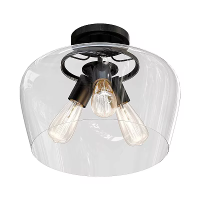 Vintage Style Ceiling Light With Black Base Transparent Glass Shade And Three Bulbs 3d model