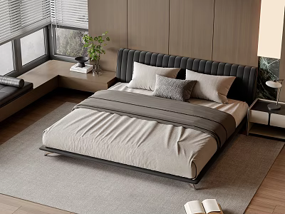 Minimalist Double Bed with Upholstered Headboard Light Bedding Gray Pillow Nightstand Lamp and Green Plant 3d model