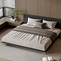 Minimalist Double Bed with Upholstered Headboard Light Bedding Gray Pillow Nightstand Lamp and Green Plant