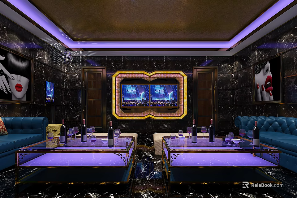 Luxurious KTV Interior Design With Purple Lighting Large Screens And Comfortable Sofas 3d model
