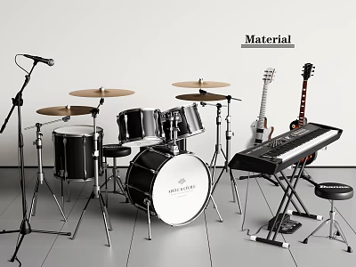 Professional Musical Instruments Setup With Drum Set Guitar Keyboard And Microphone Stand 3d model