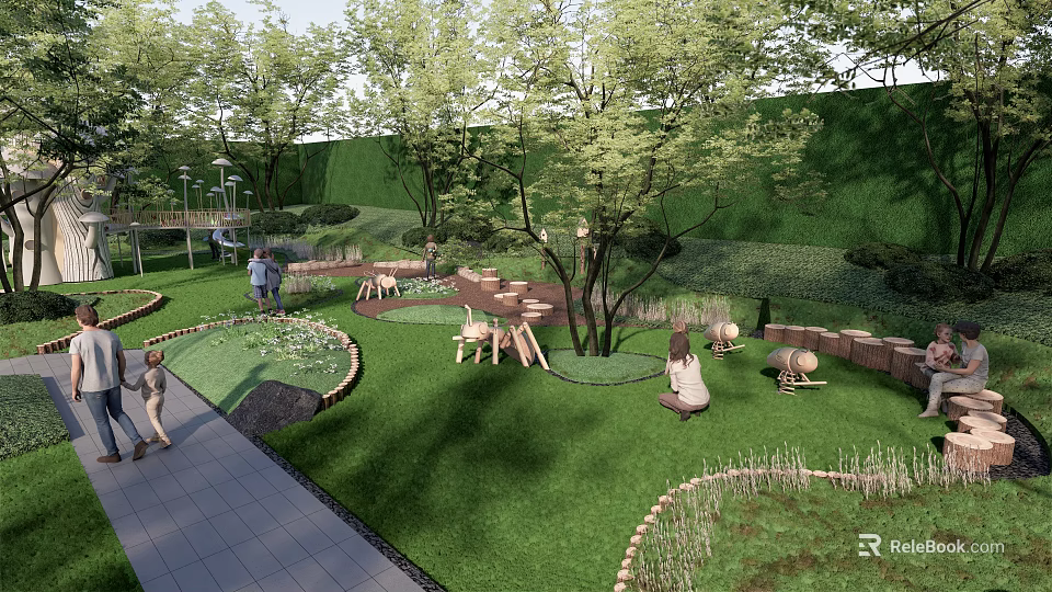 Spacious Children's Play Area With Green Lawn Trees And Animal Themed Play Equipment 3d model 