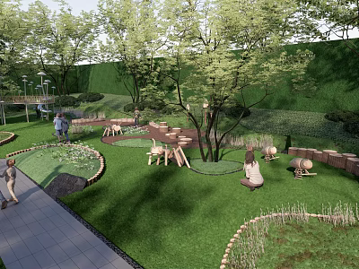 Spacious Children's Play Area With Green Lawn Trees And Animal Themed Play Equipment 3d model