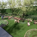 Spacious Children's Play Area With Green Lawn Trees And Animal Themed Play Equipment