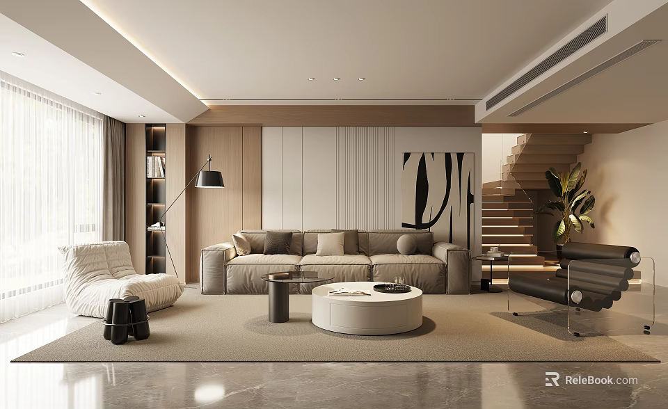 Modern Living Room Interior Featuring Beige Sofa Round Coffee Table Floor Lamp And Wall Art 3d model 