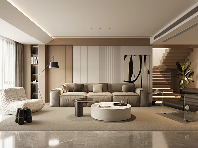 Modern Living Room Interior Featuring Beige Sofa Round Coffee Table Floor Lamp And Wall Art 3d model