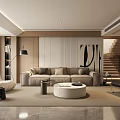 Modern Living Room Interior Featuring Beige Sofa Round Coffee Table Floor Lamp And Wall Art