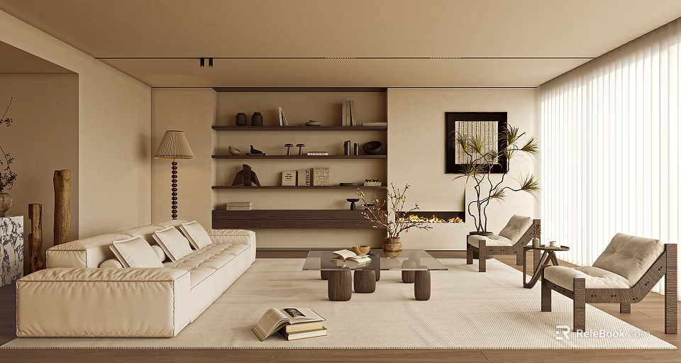 Minimalist Modern Living Room Interior With Sofa Bookshelf And Plants 3d model 