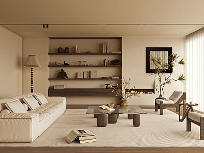 Minimalist Modern Living Room Interior With Sofa Bookshelf And Plants 3d model