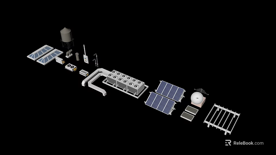 Advanced Industrial Equipment System With Solar Panels Water Tank Piping And Control Panels 3d model 