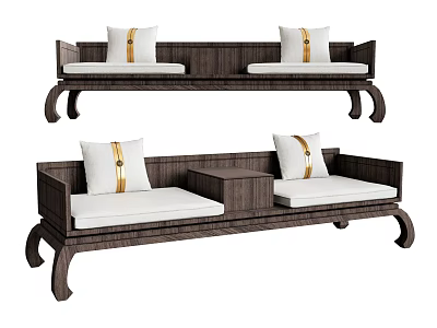 Traditional Chinese Luohan Bed with Dark Wooden Frame White Cushions and Decorative Pillows 3d model