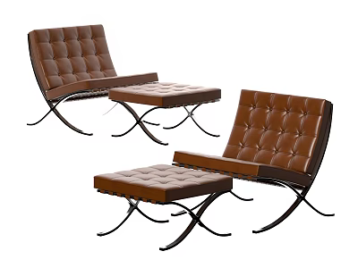 Set of Two Brown Tufted Leisure Chairs With Black Metal Frame And Ottomans 3d model