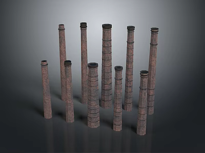 Brick Chimneys In Various Heights With Stacked Design On Dark Background 3d model
