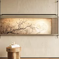 Serene Abstract Painting with Plum Blossom and Moon Hanging on Textured Wall Near Wooden Stool