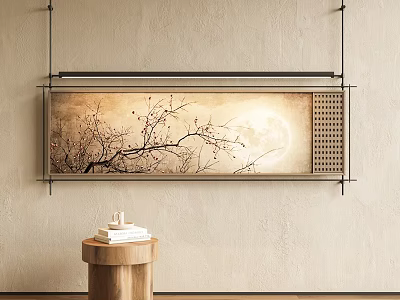 Serene Abstract Painting with Plum Blossom and Moon Hanging on Textured Wall Near Wooden Stool 3d model