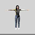 3D Female Character Wearing Gray T-shirt Yellow Black Sleeves Blue Jeans White Shoes Arms Outstretched