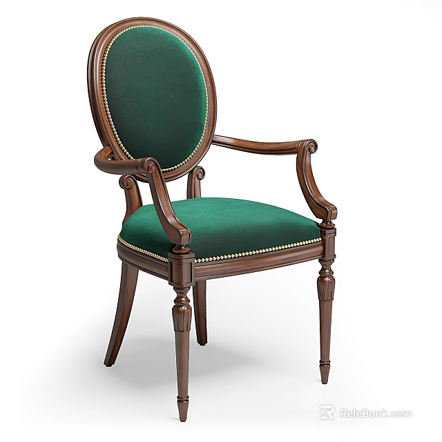 Elegant Classic Dining Chair With Green Velvet Upholstery And Wooden Armrest Design Details 3d model 