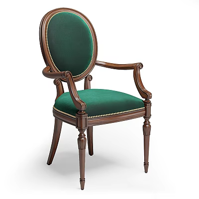 Elegant Classic Dining Chair With Green Velvet Upholstery And Wooden Armrest Design Details 3d model
