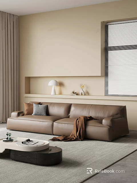 Brown Leather Two Seater Sofa With Pillows Throw Blanket Beige Wall Shelf Blinds 3d model 