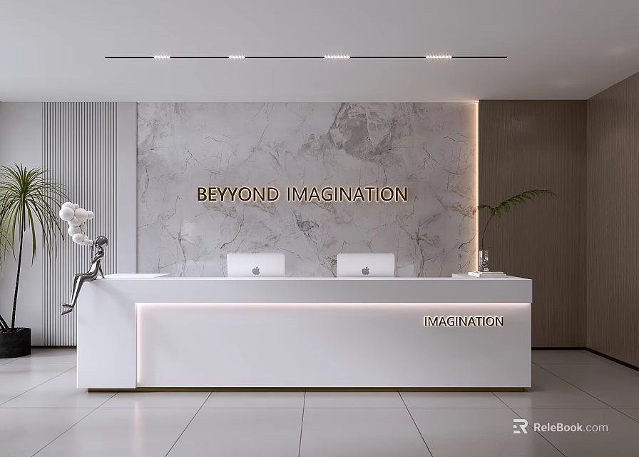 Modern Reception Desk With Marble Wall Beyond Imagination Information Sign Potted Plant And Lighting 3d model 
