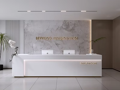 Modern Reception Desk With Marble Wall Beyond Imagination Information Sign Potted Plant And Lighting 3d model