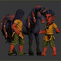 Fantasy Character Scene With Two Red Skinned Figures Purple Unicorn Yellow Shirts Green Pants