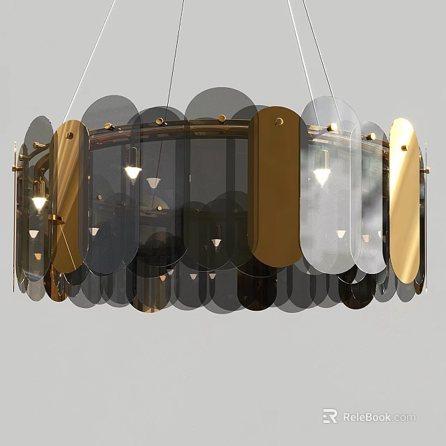 Modern Circular Chandelier With Gold Black Metal Frames And Transparent Acrylic Panels 3d model 