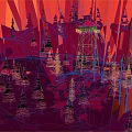 Scenic Cartoon Scene with Pink Red Background Mountain Pine Trees and Watchtower
