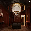 Modern Bar Interior with Red Walls Gold Accents Chandelier and Bar Stools Design