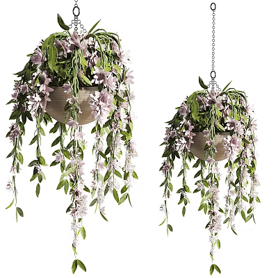 Lush Hanging Basket Planter With Pink Flowers Green Leaves And Trailing Vines 3d model