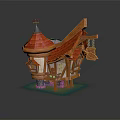 Cartoon Style House Scene With Wooden Structure Red Pointed Roof Small Windows And Weather Vane