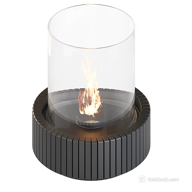 Modern Decorative Fireplace Component With Transparent Glass Cylinder Burning Flame And Black Ribbed Base 3d model 