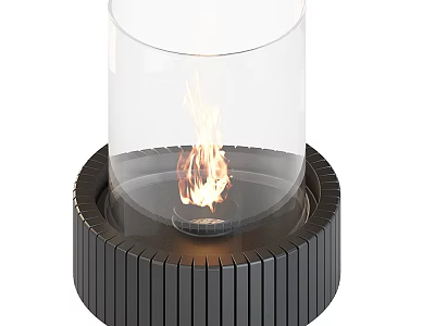Modern Decorative Fireplace Component With Transparent Glass Cylinder Burning Flame And Black Ribbed Base 3d model