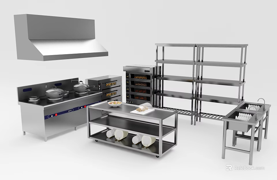 Stainless Steel Commercial Kitchen Equipment With Range Hood Shelves And Worktables 3d model 