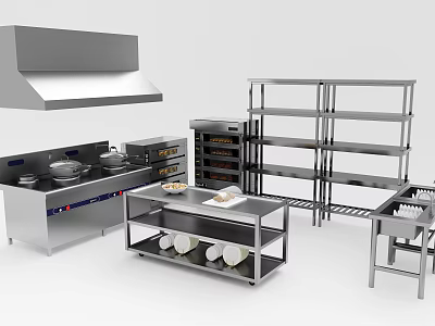 Stainless Steel Commercial Kitchen Equipment With Range Hood Shelves And Worktables 3d model