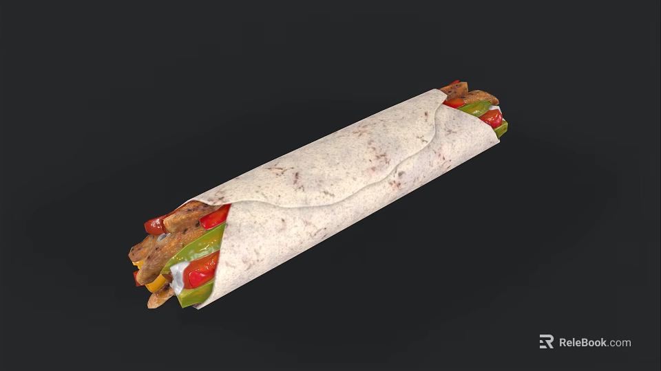Soft Tortilla Wrap With Fresh Vegetables And Grilled Meat Strips 3d model 