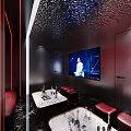 Chic KTV Private Room With Red Sofas Marble Tables And Lattice Walls 3d model