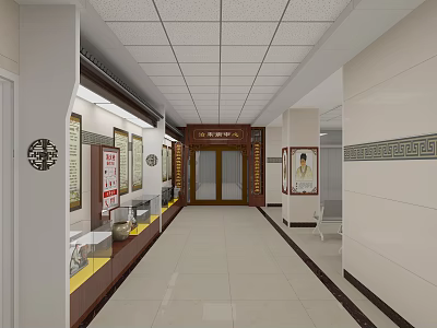 Traditional Chinese Style Store Front Desk With Display Cabinets And Posters In Tongrentang Corridor 3d model