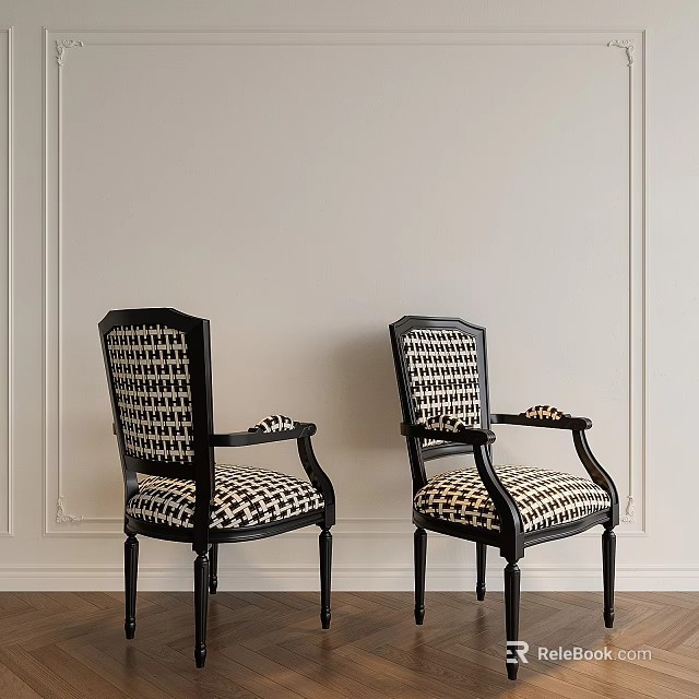 Stylish Dining Chairs With Black Frame Armrests And Black White Checkered Upholstery Against Light Wall 3d model 