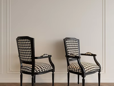 Stylish Dining Chairs With Black Frame Armrests And Black White Checkered Upholstery Against Light Wall 3d model