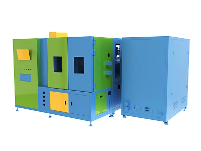 Industrial Equipment With Blue Green Yellow Panels And Functional Cabinet Doors 3d model