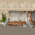 Weathered Building Exterior Wall With Peeling White Paint Exposed Red Bricks And Stone Blocks