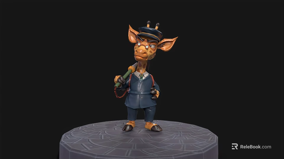 3D Giraffe Character Wearing Suit Hat Glasses With Backpack On Circular Platform 3d model 