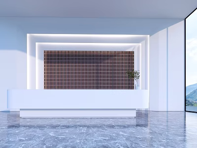 Modern Reception Desk With White Countertop Brown Grid Backdrop Small Plant And Bright Office Space 3d model