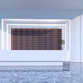 Modern Reception Desk With White Countertop Brown Grid Backdrop Small Plant And Bright Office Space