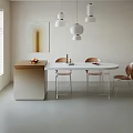Modern Dining Table and Chair Set With Wooden Chairs Pendant Lights Blinds And Wall Art