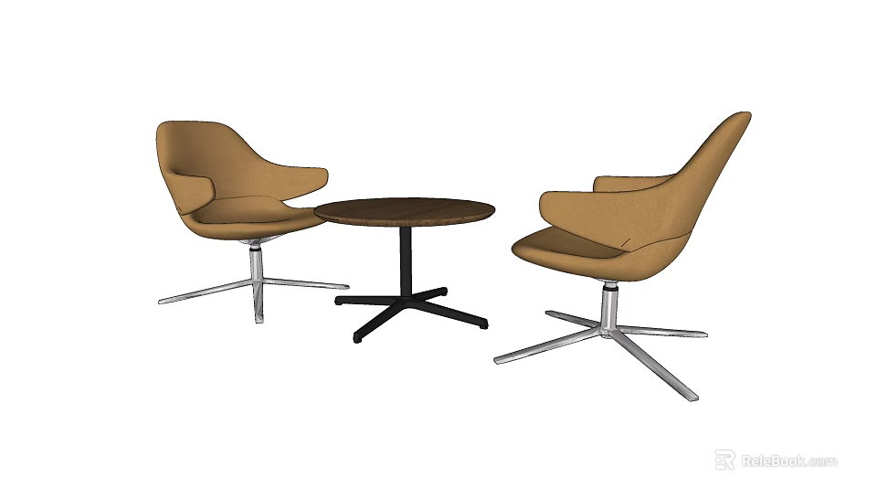 Brown Armchairs And Round Table With Metal Base Modern Interior Set 3d model