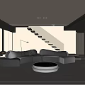 Modern Living Room Interior With Black Modular Sofas Round Coffee Table And Floating Staircase 3d model